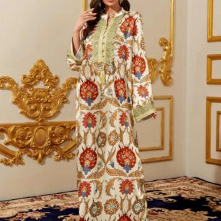 جلابية نسائية طويلة، مقاس واحد، برقبة على شكل V وتفاصيل دانتيل مطبوعة.